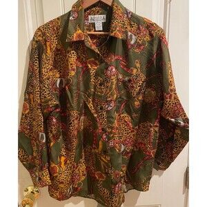 Silk Long Sleeved Shirt Blouse Olive Green & Orange Size M Old Money